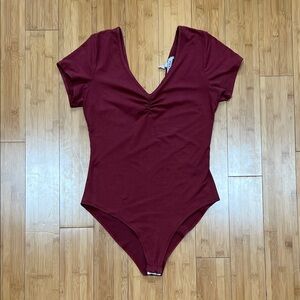 gaze Burgundy V-Neck Short Sleeve Bodysuit